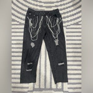 The moon black distressed denim rhinestone‎ pearl jeans